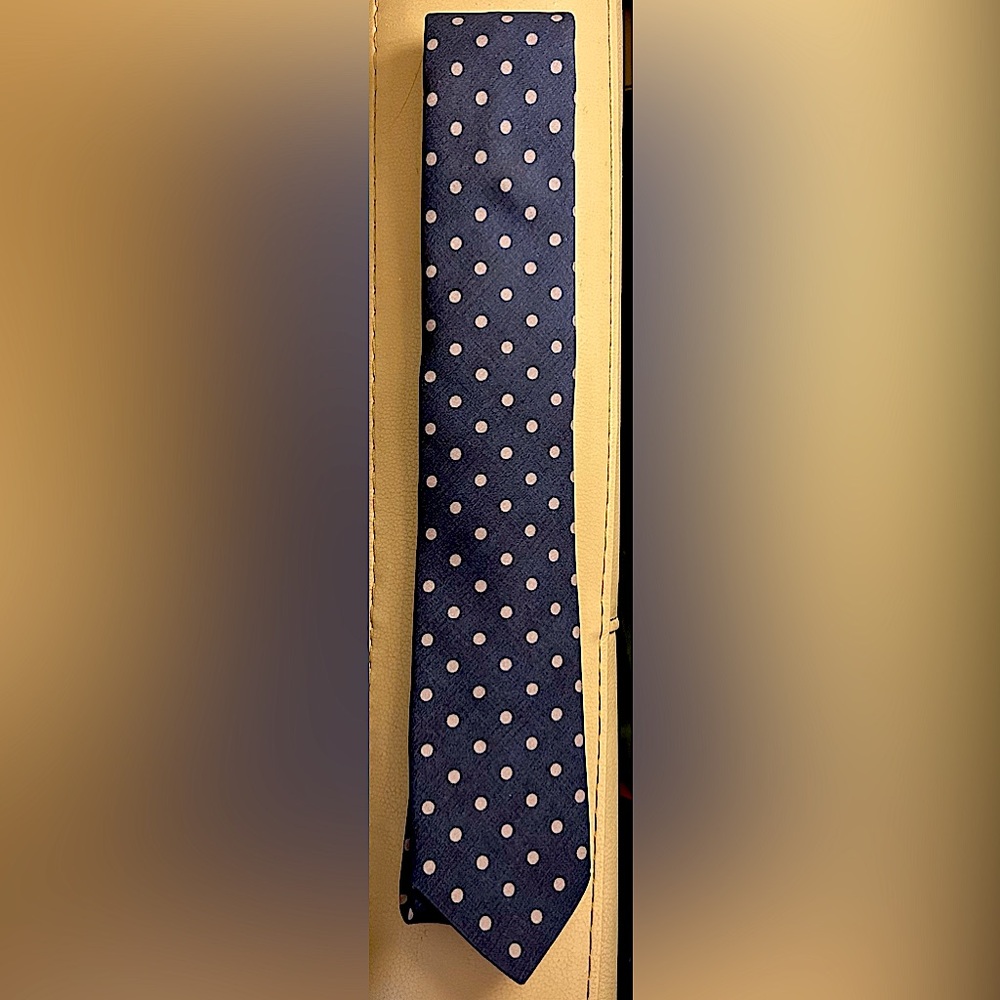 Blue and grey polka dot tie. 3” width at bottom.